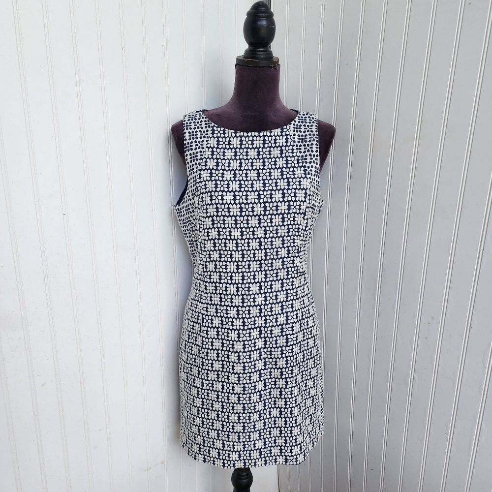 Banana Republic Blue White Fitted Career Cocktail Dress Open Back Stretch 10p